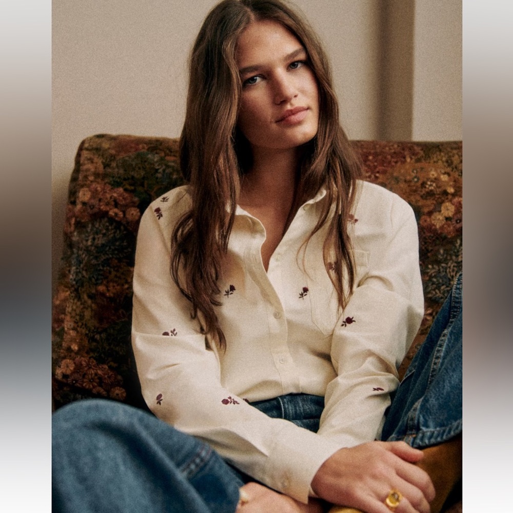 Sezane Cream Floral Embroidered Blouse